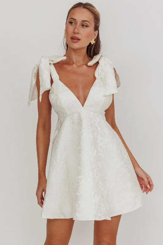 Chantilly Tied Shoulder Jacquard Mini Dress White Trendy Wraparound Mini Dress