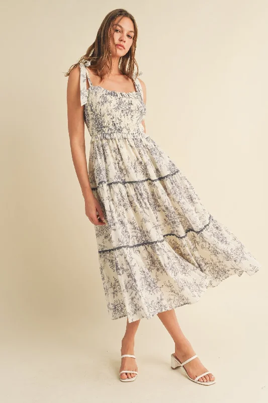Charcoal Floral Sleeveless Ruffle Tiered Midi Dress Fashionable Wide Leg Midi Dress