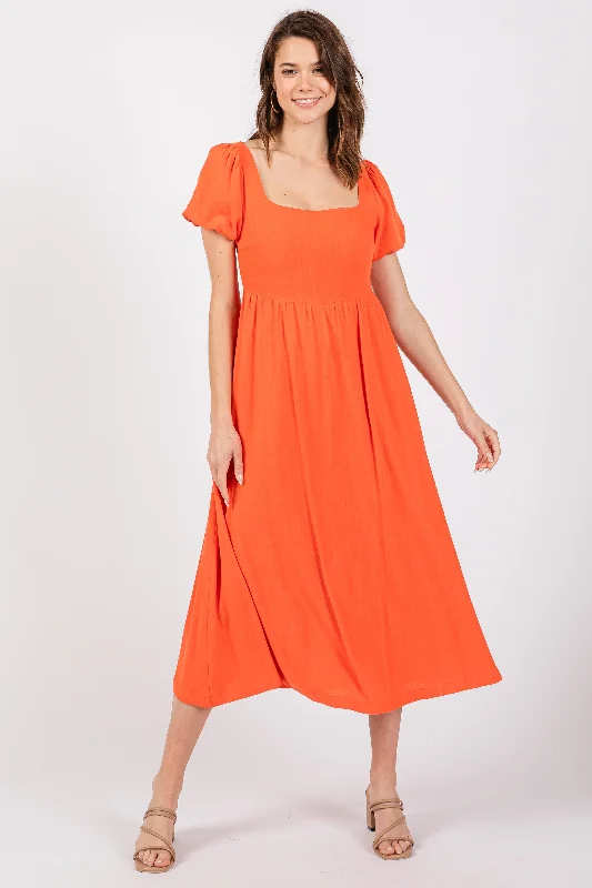 Coral Puff Sleeve Linen Midi Dress Trendy Smocked Waist Midi Dress
