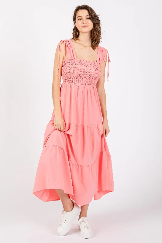 Coral Smocked Sleeveless Drawstring Shoulder Tiered Midi Dress Fashionable Shift Midi Dress