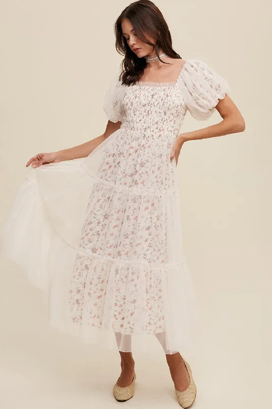 Cream Floral Lined Smocked Tulle Midi Dress Cozy Tie-Dye Midi Dress