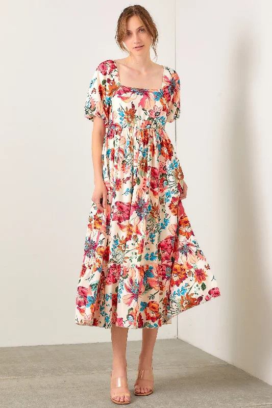 Cream Floral Puff Sleeve Midi Dress Cozy Midi Dress with Pockets