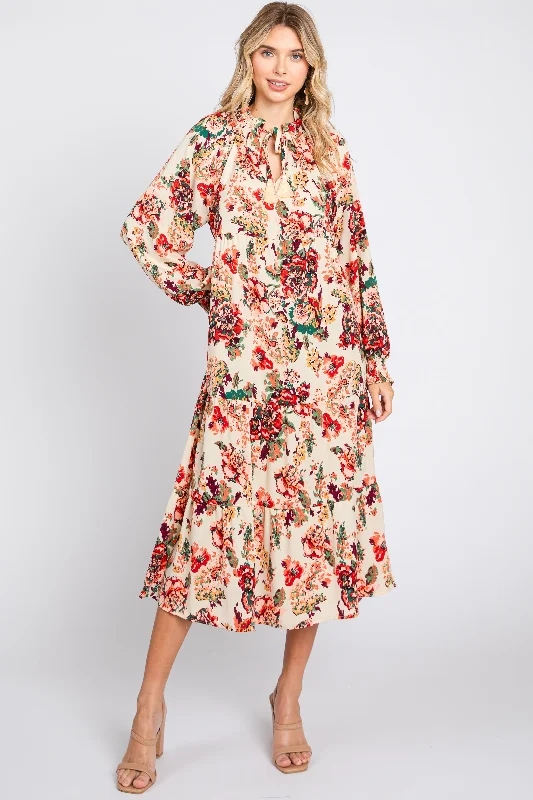 Cream Floral Ruffle Neck Tiered Midi Dress Comfortable Ruched Midi Dress