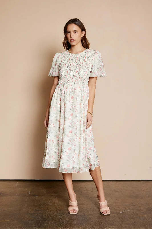Cream Floral Smocked Puff Sleeve Midi Dress Fashionable Sheer Sleeve Midi Dress