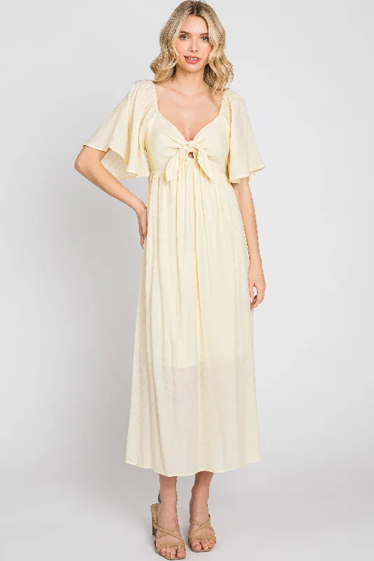 Cream Front Tie Ruffle Sleeve Midi Dress Comfortable Ribbed Midi Dress