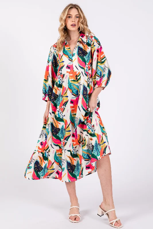 Cream Leaf Print Half Length Sleeve Midi Dress Trendy Ruffled Sleeve Midi Dress