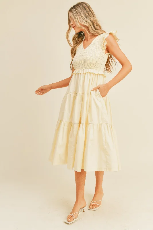 Cream Smocked Flutter Sleeve Tiered Midi Dress Elegant V-Neck Midi Dress