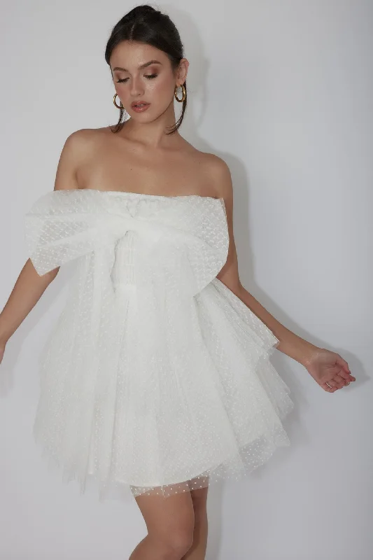Deana Bow Bust Strapless Mini Dress Spotty White Comfortable Shift Mini Dress