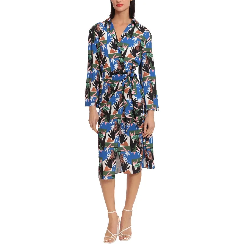 Donna Morgan Womens Printed Collared Wrap Dress Stylish Double-Tie Wrap Dress