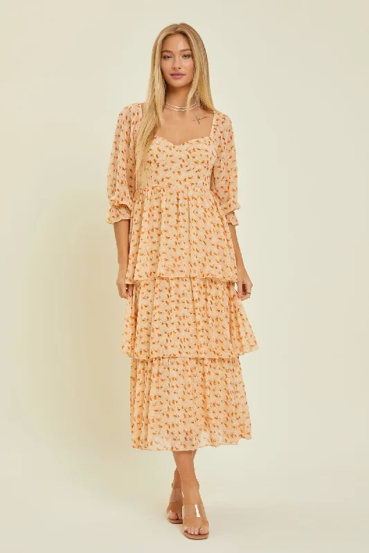 Dusty Apricot Tiered Midi Dress Stylish Striped Midi Dress