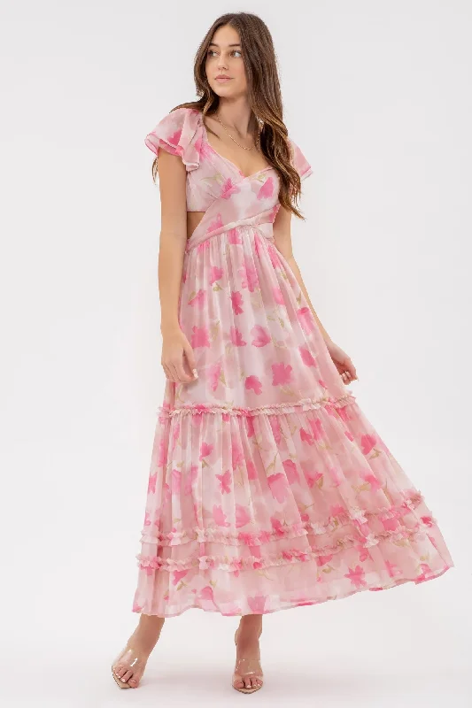 Dusty Rose Multi Floral Waist Cut Out Ruffle Midi Dress Elegant Satin Button Midi Dress