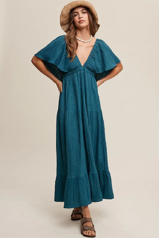 Emerald Deep V-Neck Flutter Sleeve Tiered Midi Dress Comfortable Lace-Up Midi Dress