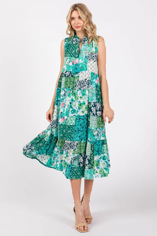Emerald Green Floral Paisley Tassel Tie Ruffle Hem Midi Dress Elegant Velvet Midi Dress