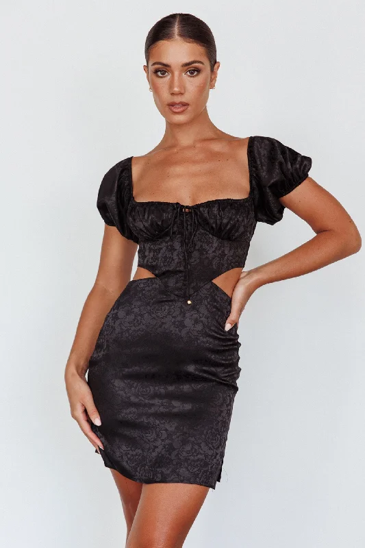 Eryn Puff Sleeve Jacquard Mini Dress Black Classic Striped Mini Dress
