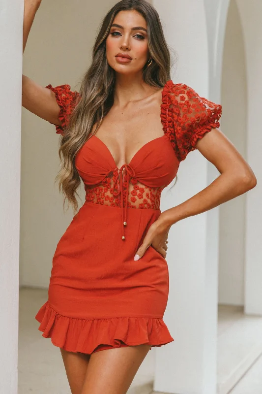 Field Dreams Puff Sleeve Tie-Up Bodice Floral Embroidery Mini Dress Rose Chic Puff Sleeve Mini Dress