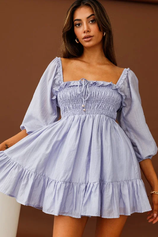 Flynn Balloon Sleeve Shirred Bust Mini Dress Lavender Stylish Sweetheart Neck Mini Dress