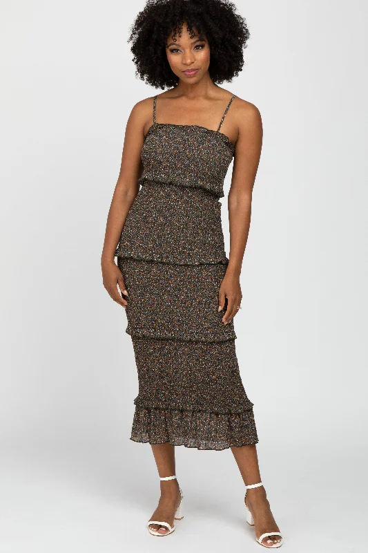 Forest Green Floral Print Smocked Fitted Midi Dress Comfortable Stretch Midi Dress