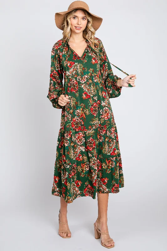 Forest Green Floral Ruffle Neck Tiered Midi Dress Cozy Wide Strap Midi Dress