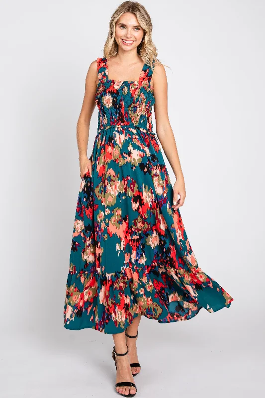 Forest Green Printed Smocked Midi Dress Fashionable Plaid Midi Dress