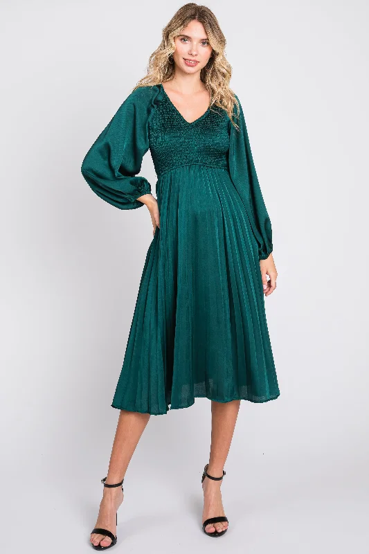 Forest Green Satin Smocked and Pleated Midi Dress Fashionable Off-Shoulder Dress Midi