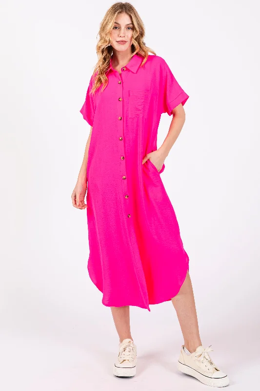 Fuchsia Button Down Front Pocket Midi Dress Comfortable Sleeveless Midi Dress