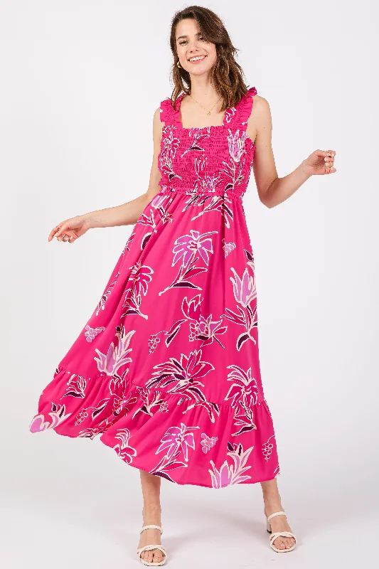 Fuchsia Floral Smocked Midi Dress Elegant Satin Button Midi Dress