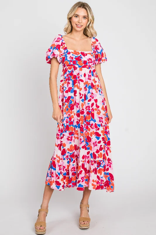 Fuchsia Floral Square Neck Short Puff Sleeve Midi Dress Stylish Button-Up Midi Dress