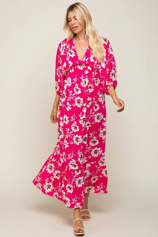 Fuchsia Floral V-Neck Dolman 3/4 Sleeve Midi Dress Comfortable Ribbed Midi Dress