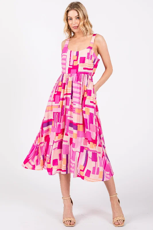 Fuchsia Geo Printed Cut Out Back Detail Midi Dress Stylish Satin Midi Dress