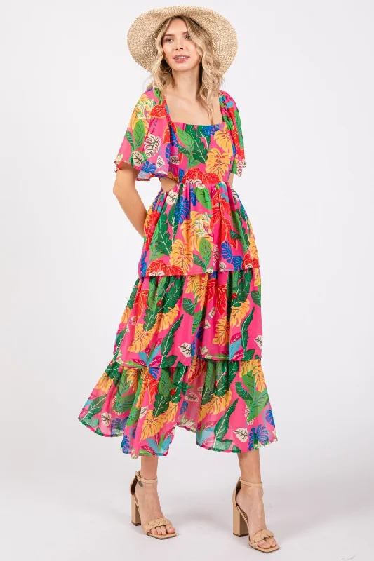 Fuchsia Leaf Print Side Cutout Tiered Midi Dress Trendy Long Sleeve Midi Dress