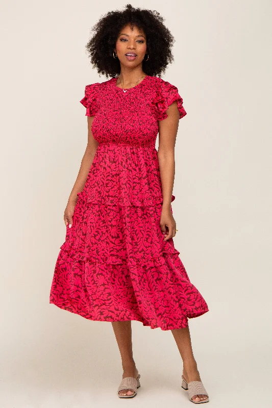 Fuchsia Print Smocked Ruffle Tiered Midi Dress Fashionable Fitted Midi Dress