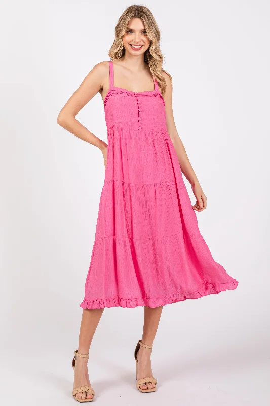 Fuchsia Sleeveless Button Tiered Midi Dress Fashionable One-Shoulder Midi Dress