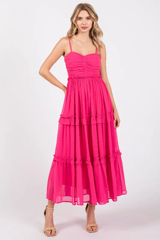 Fuchsia Sleeveless Pleated Ruffle Tiered Midi Dress Fashionable Wide Leg Midi Dress