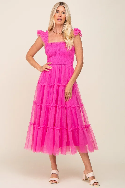 Fuchsia Smocked Mesh Ruffle Accent Midi Dress Trendy Shift Midi Dress