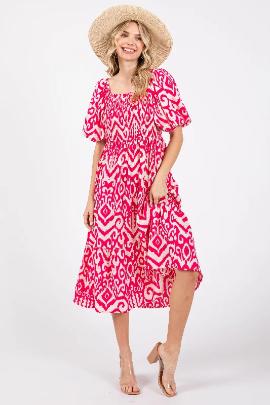 Fuchsia Square Neck Smocked Ruffle Midi Dress Elegant Sleeveless Midi Dress