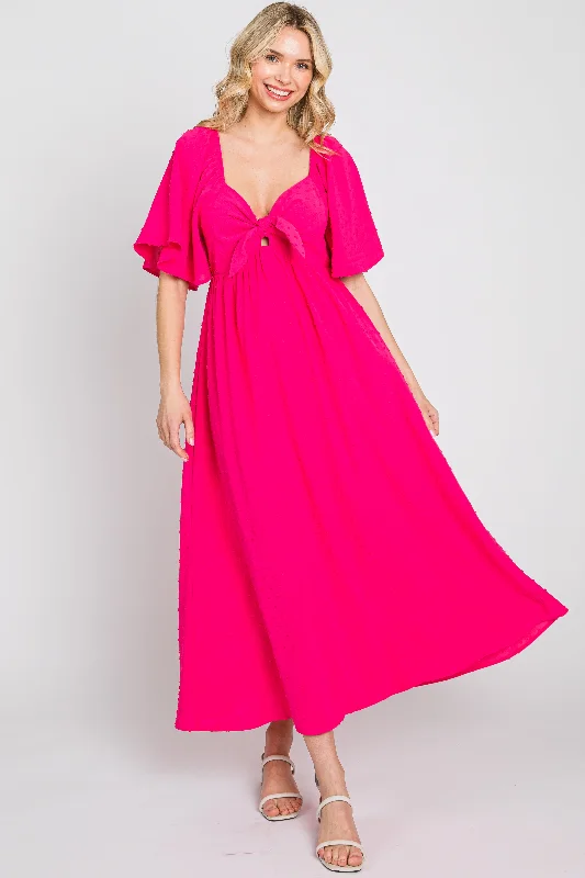 Fuchsia Textured Dot Front Tie Ruffle Sleeve Midi Dress Elegant Velvet Midi Dress
