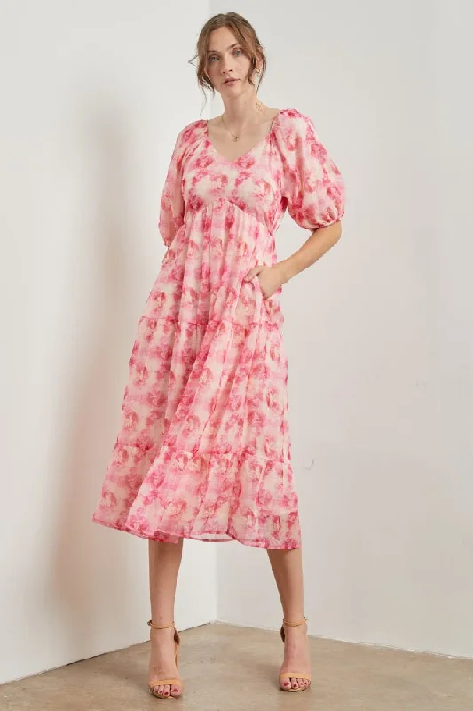 Fuchsia Watercolor Floral Midi Dress Trendy Off-Shoulder Button Midi Dress