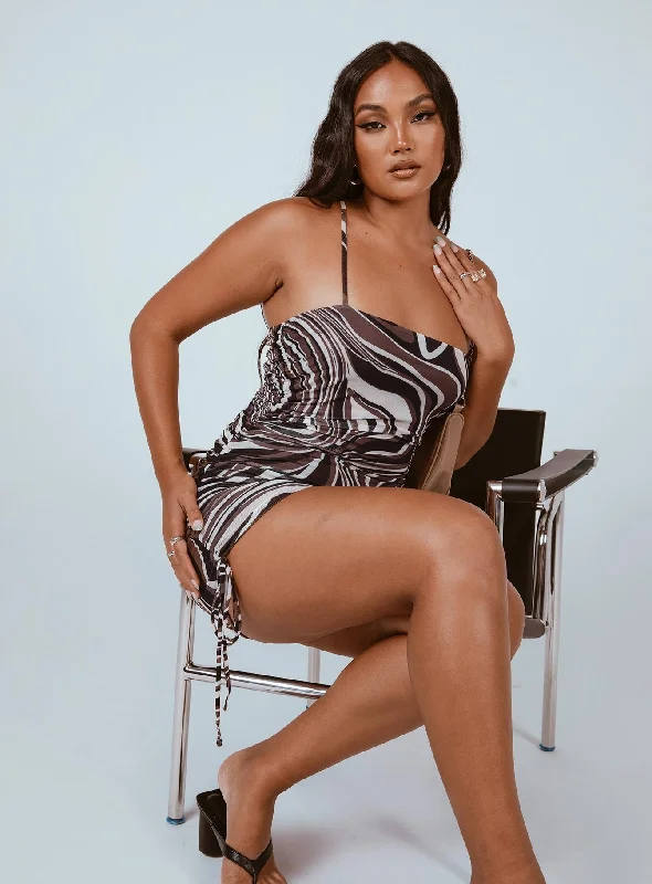 Genevieve Mini Dress Brown Multi Trendy Tie-Dye Mini Dress