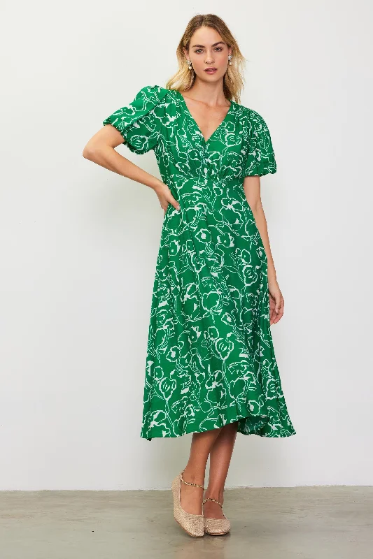 Green Floral Button Front Short Sleeve Midi Dress Fashionable Polka Dot Midi Dress