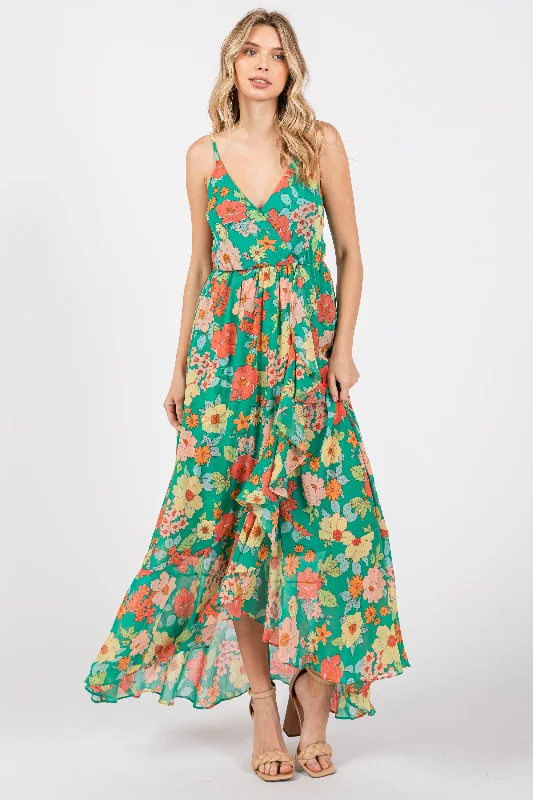 Green Floral Chiffon Ruffle Hi-Low Sleeveless Midi Dress Comfortable Denim Midi Dress