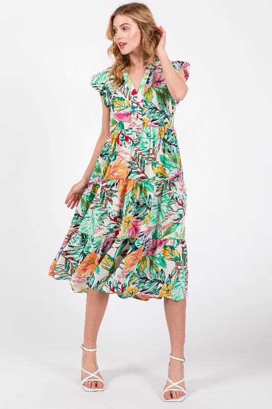 Green Floral Flutter Sleeve Tiered Midi Dress Stylish Vintage Midi Dress
