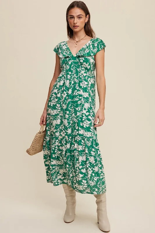 Green Floral Ruffle Midi Dress Trendy Smocked Detail Midi Dress