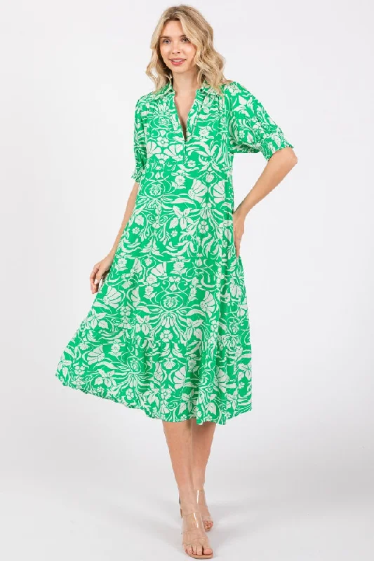Green Floral V-Neck Tiered Midi Dress Fashionable A-Line Midi Dress