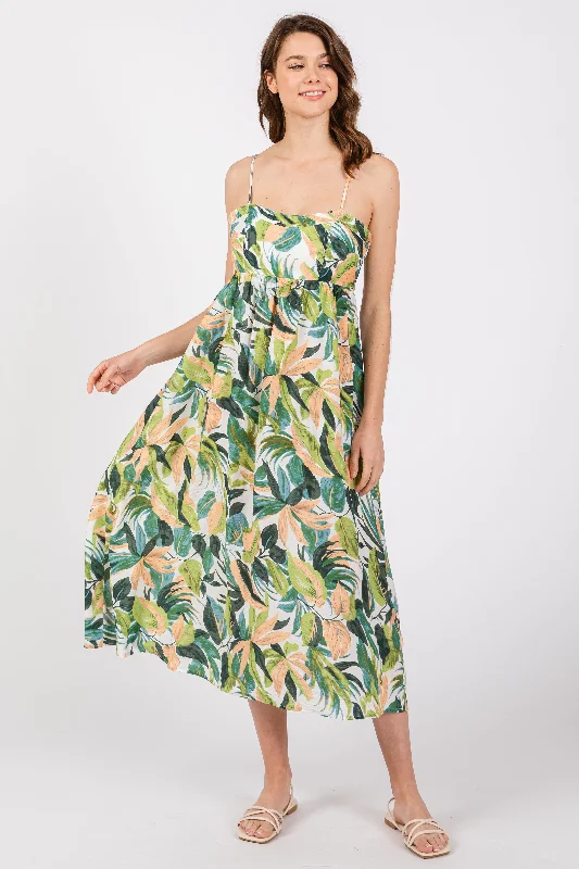 Green Leaf Print Open Back Midi Dress Trendy Off-Shoulder Ruffle Midi Dress