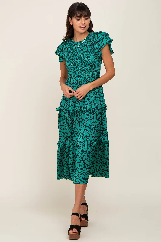 Green Print Smocked Ruffle Tiered Midi Dress Trendy Square Neck Midi Dress