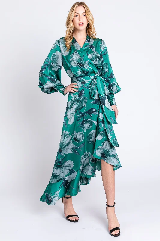 Green Satin Asymmetrical Flounce Trim Midi Dress Comfortable Short Sleeve Midi Dress