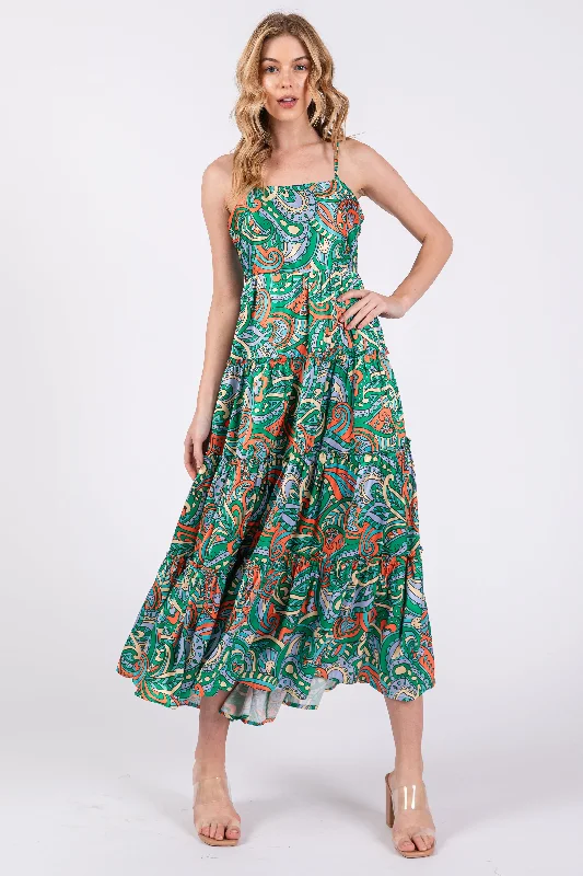 Green Satin Square Neck Ruffle Tiered Midi Dress Trendy Square Neck Midi Dress