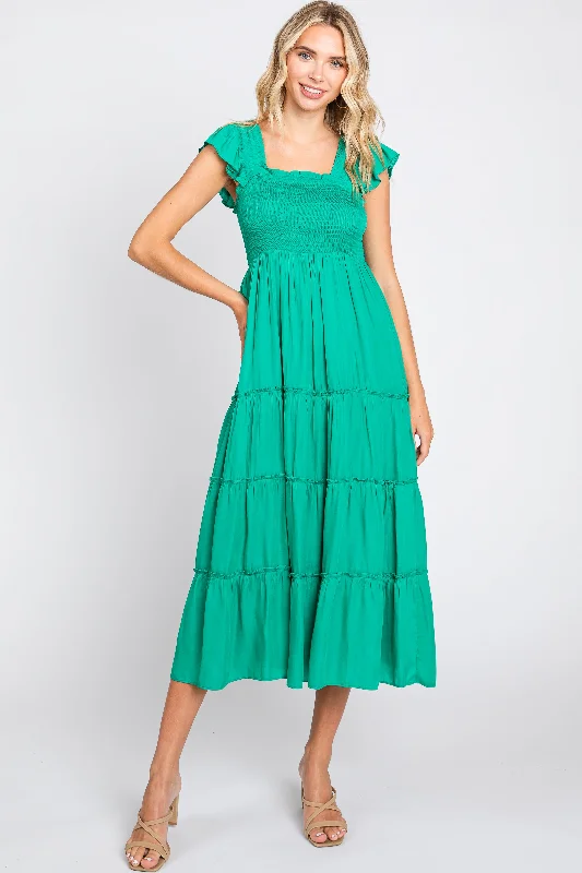 Green Satin Square Ruffle Neck Smocked Sleeveless Midi Dress Fashionable A-Line Midi Dress