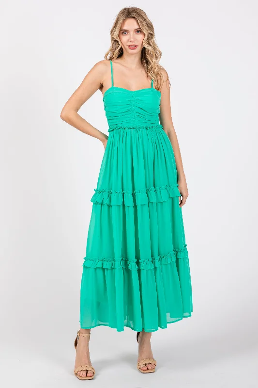 Green Sleeveless Pleated Ruffle Tiered Midi Dress Trendy Fit-and-Flare Midi Dress