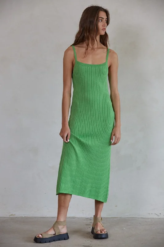 Green Square Neck Ribbed Sleeveless Midi Dress Fashionable High-Low Midi Dress